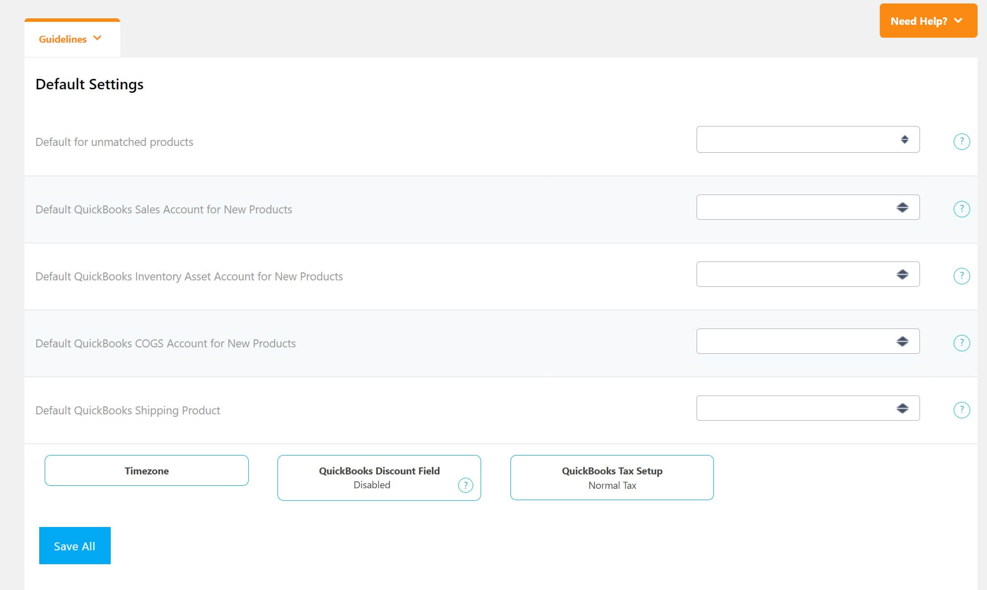 The default settings for the WooCommerce Sync for QuickBooks plugin.